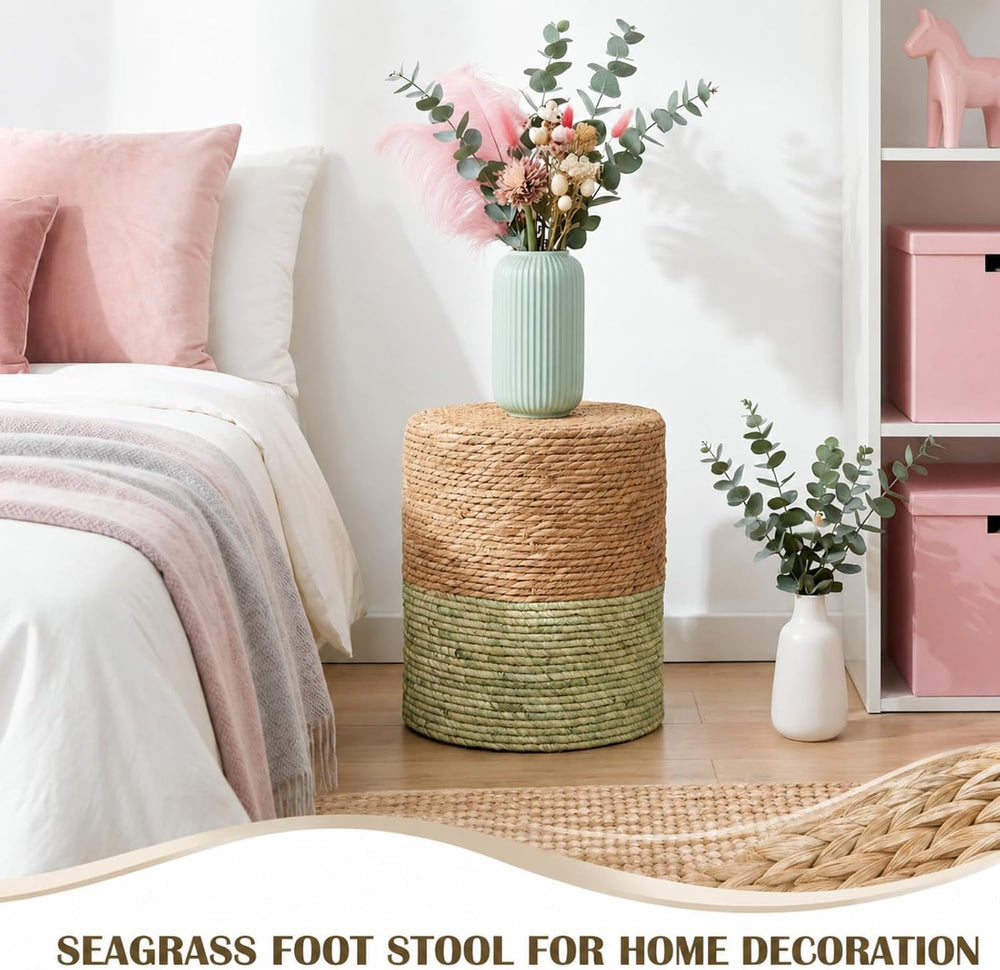 Barydat 2 Pcs 15'' Ottoman Pouf Natural Seagrass Braided Poof Hand We...