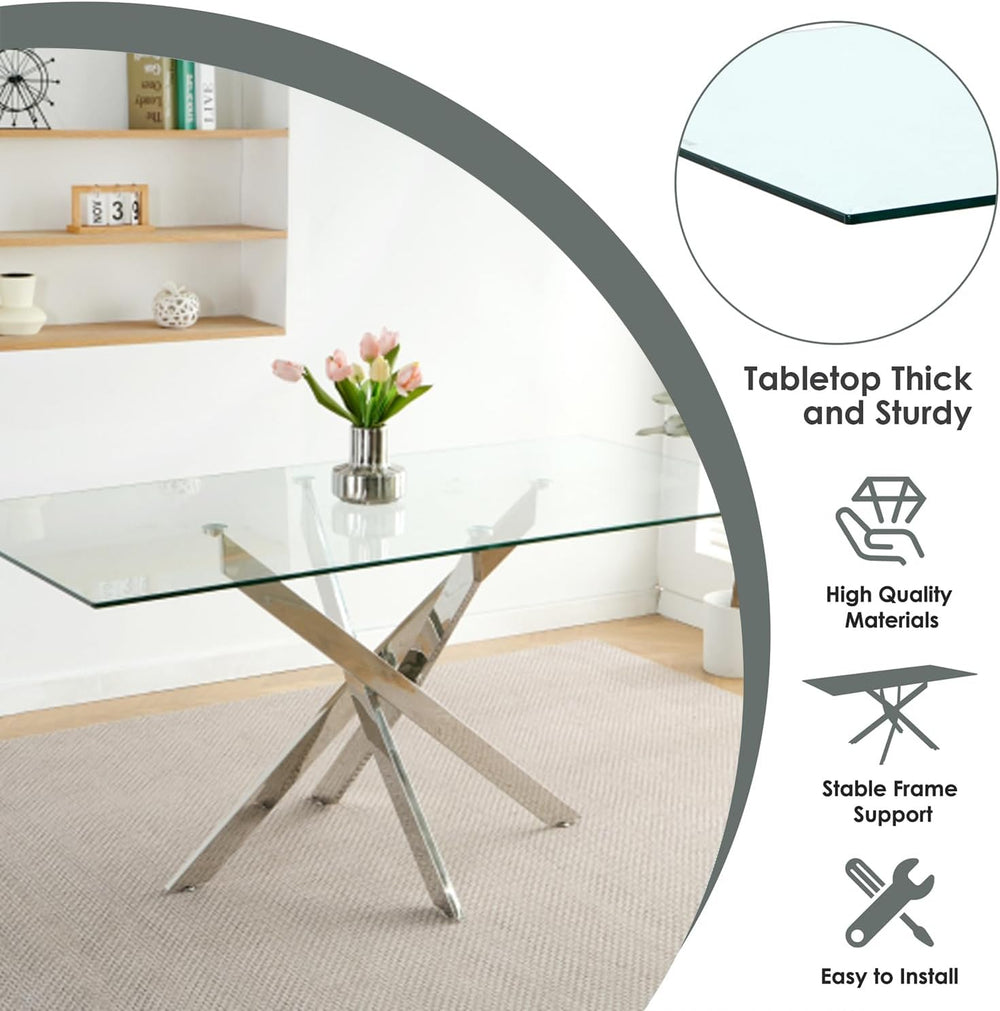 Modern 63 Inch Glass Dining Table Set for 6, 7 PCS Kitchen Table Set, Clear T...