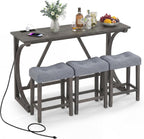 COSTWAY 4-Piece Farmhouse Bar Table Set with Power Outlet | Counter Height Dining Table Set w/ 3 Upholstered Stools, Wood Console Table Set for Kitchen, Dining Room, Living Room, Gray