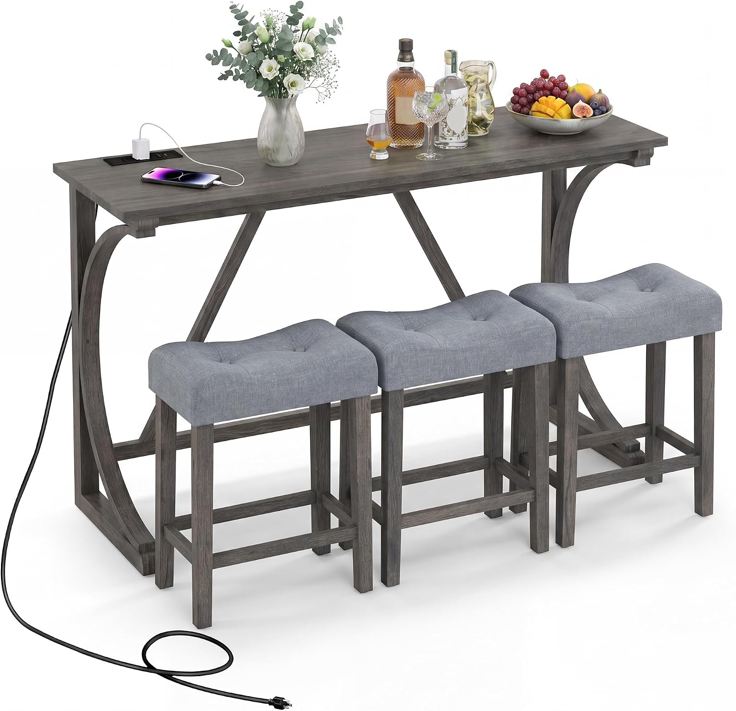 COSTWAY 4-Piece Farmhouse Bar Table Set with Power Outlet | Counter Height Dining Table Set w/ 3 Upholstered Stools, Wood Console Table Set for Kitchen, Dining Room, Living Room, Gray