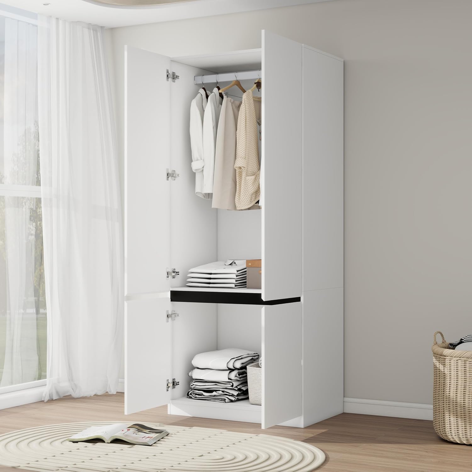Bedroom Armoire Wardrobe Closet with 2 Doors: 75" White Wardrobe Cabinet for Clothes, Wooden Closet with Hanging Rod, Modern Armoire with Shelves (1)