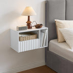 Modern Matte White Fluted Floating Nightstand with Charging Station, NightStand with Drawers, Bedside with USB Ports and Outlets, Bedroom Furniture (Right)