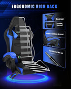Bigzzia Gaming Chair with RGB LED Lights for Kids & Adults, High Back Ergonomic Computer Gamer Chair with Headrest and Lumbar Support, Racing Style Reclining Game Chair(Black/Blue)