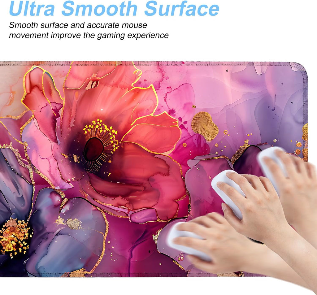 Floral Mouse Pad XXL – Large Desk Mat with Abstract Alcohol Ink Flowers in Pink, Purple & Teal, Extended Mousepad with Non-Slip Base for Office, Workstation, Gifts,31.5 x 11.8 in