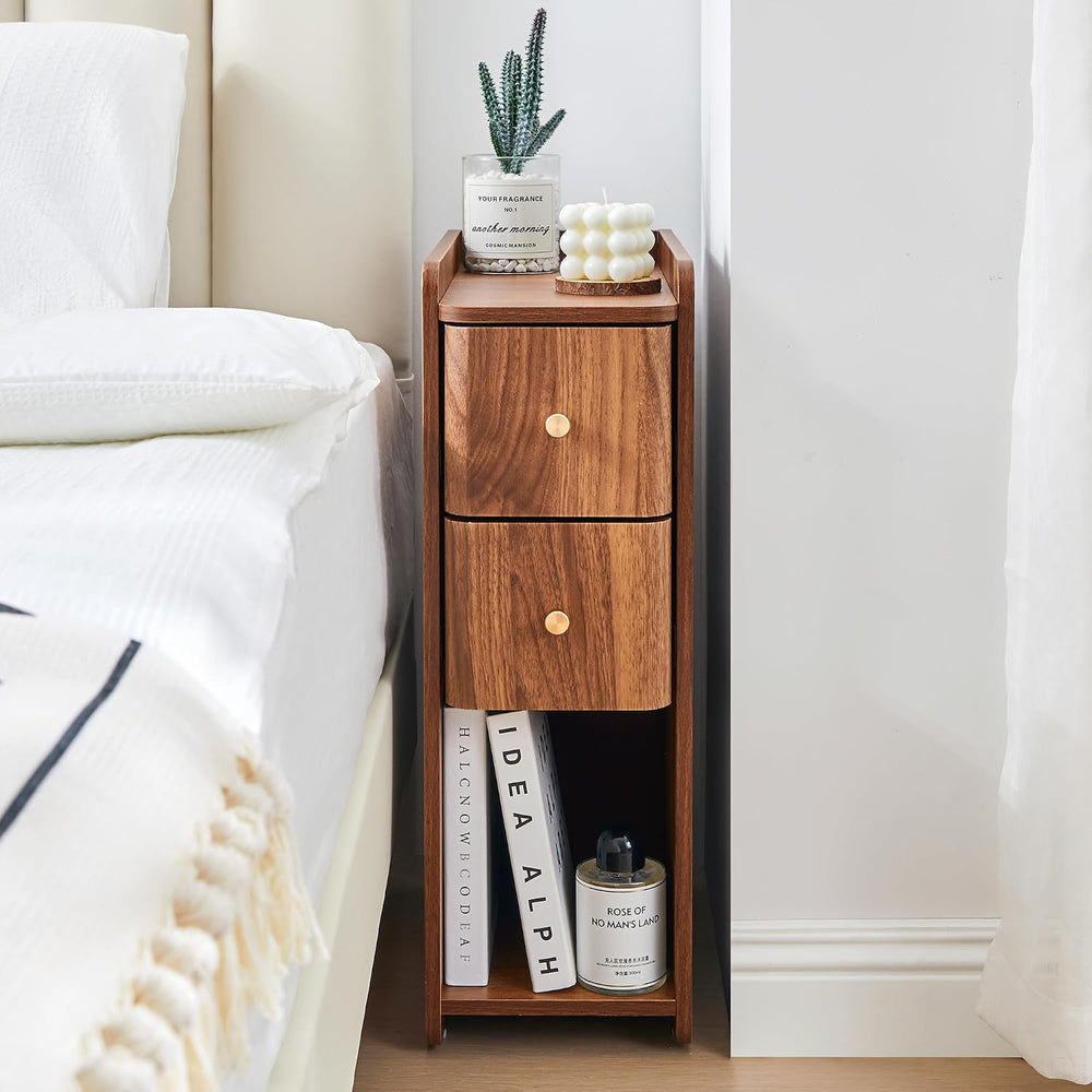 Narrow End Table Bedroom, Wooden Small 2 Drawer Nightstand, Thin Couch Side E...
