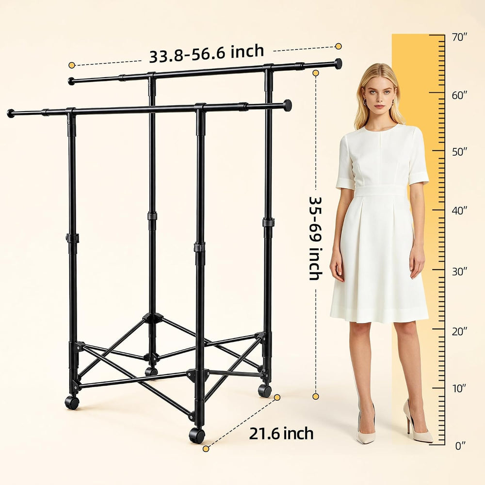 No-assembly Clothes Rack，Double Rod 59-Inch Rolling clothing rack