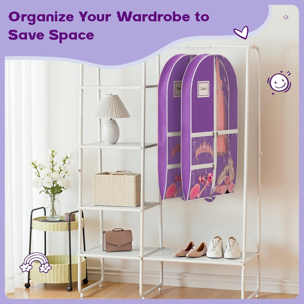 Dance Garment Bag for Hanging Clothes with 3 Zipper Clear Pockets Dance Accessories Essentials Uniform Costume 40 Inch Dress Bags for Dance Competition (Purple White, 1Pack 40")