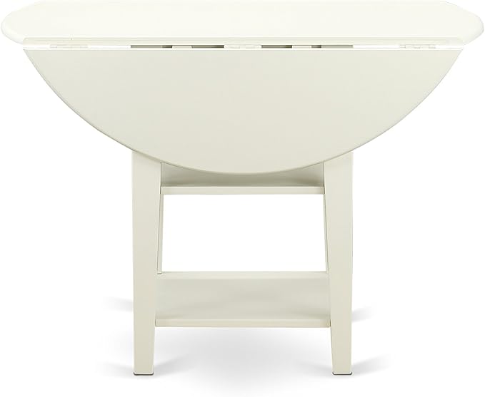 East West Furniture SUDA5-LWH-C 5 Piece Kitchen Table Set for 4 Includes a Round Dining Room Table with Dropleaf & Shelves and 4 Linen Fabric Upholstered Chairs, 42x42 Inch, Linen White