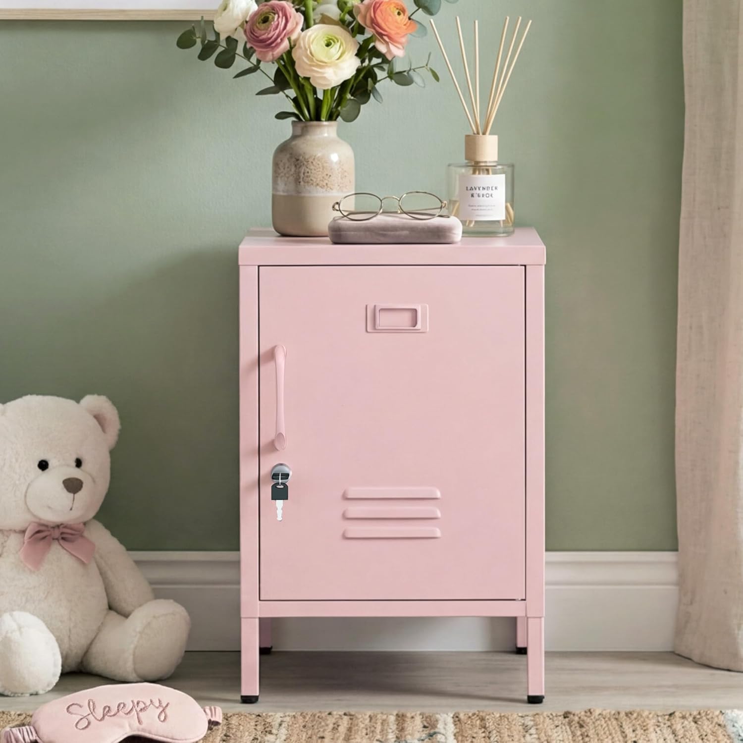 Lockable Metal Nightstand with Door, Industrial Storage Locker End Table, Small Bedside Table for Bedroom Living Room Dorm, Pink