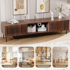 HOMMPA 70 Inch TV Stand for TVs Up to 80'', Mid Century TV Stand with Slatted Door Design, Modern Media Console with Storage Cabinet & Drawer, Entertainment Center for Livingroom, Walnut