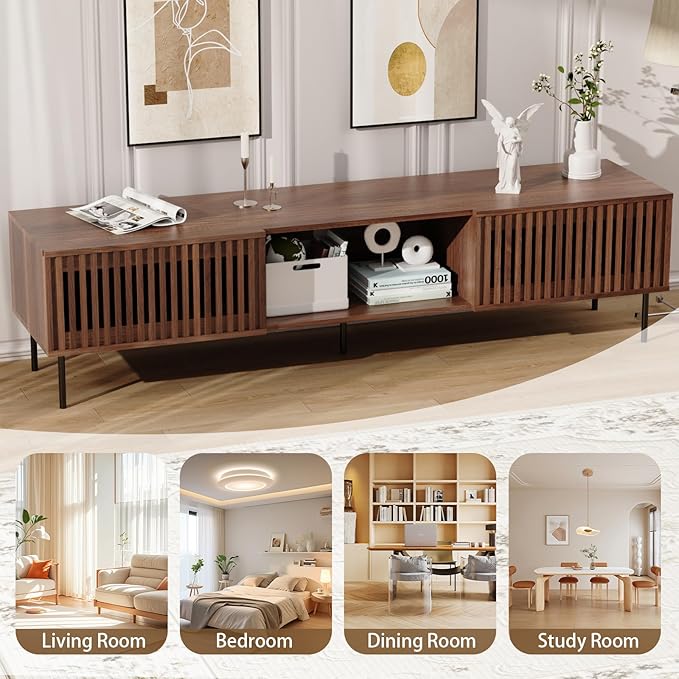 HOMMPA 70 Inch TV Stand for TVs Up to 80'', Mid Century TV Stand with Slatted Door Design, Modern Media Console with Storage Cabinet & Drawer, Entertainment Center for Livingroom, Walnut