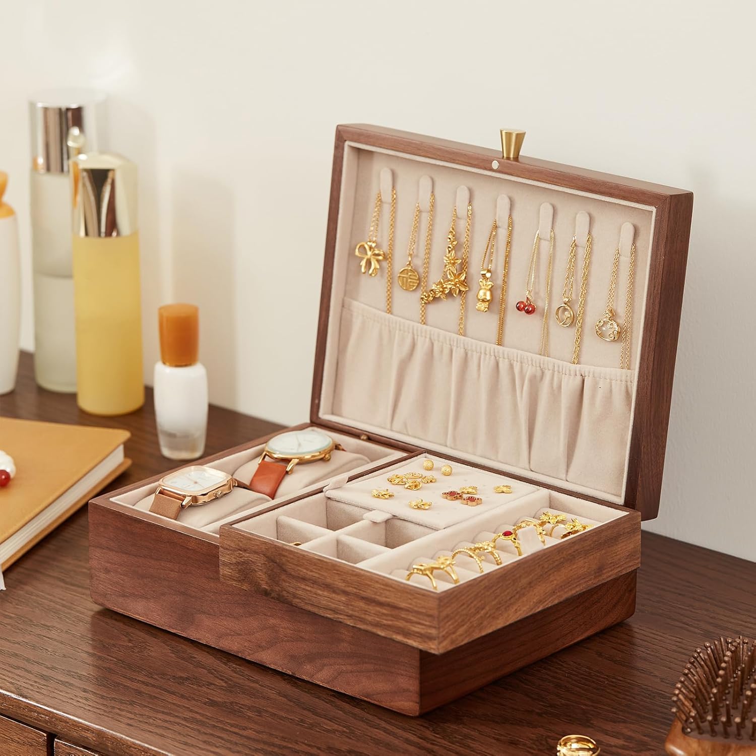 CHOSIN Black Walnut Wooden Jewelry Box for Women 2 Layer Jewelry Organizer with Removable Tray for Watches Rings Earrings Necklace Bracelets Storage Christmas Gifts