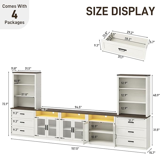157" W 4-Piece Entertainment Center with Bookshelves for TVs up to 100", Farmhouse Wall Unit TV Stand with Doors & Drawer, Media Console Table for Living Room, Bedroom, White