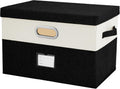 Large Linen Fabric Foldable Storage Bins with Removable Lid and Handles, Washable Storage Box Organizer Containers Baskets Cube with Cover for Bedroom,Office(Black&Cream, Large)