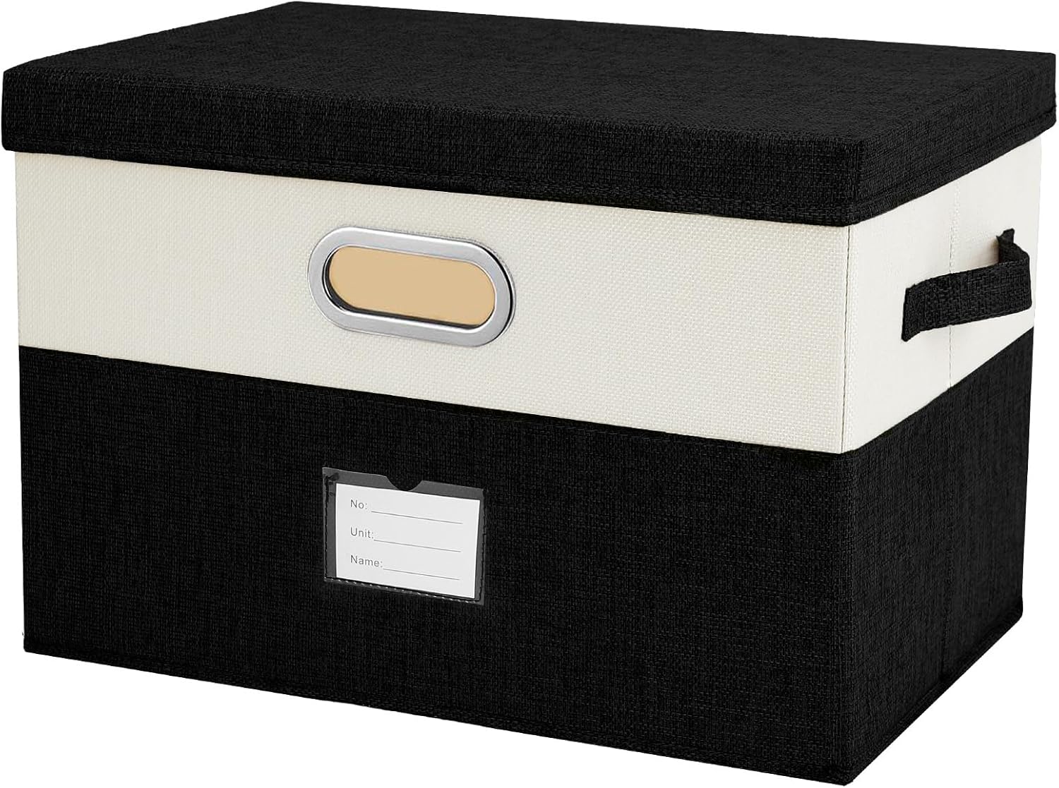 Large Linen Fabric Foldable Storage Bins with Removable Lid and Handles, Washable Storage Box Organizer Containers Baskets Cube with Cover for Bedroom,Office(Black&Cream, Large)