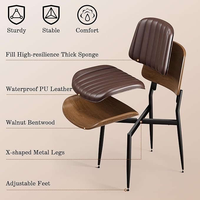 Dining Chairs Set of 4, Mid-Century Modern Upholstered PU Leather Chairs with Walnut Bentwood Back and Metal Legs Adjustable Feet for Kitchen Dining Living Room, Dark Brown Vertical Stripes