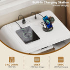 Decofy Fluted 2-Drawer Nightstand Set of 2 with Charging Station, White | Open Shelf, USB and Type C Ports, Curved Profile, Gold Handles, 19.7'' Wood Bedside Table