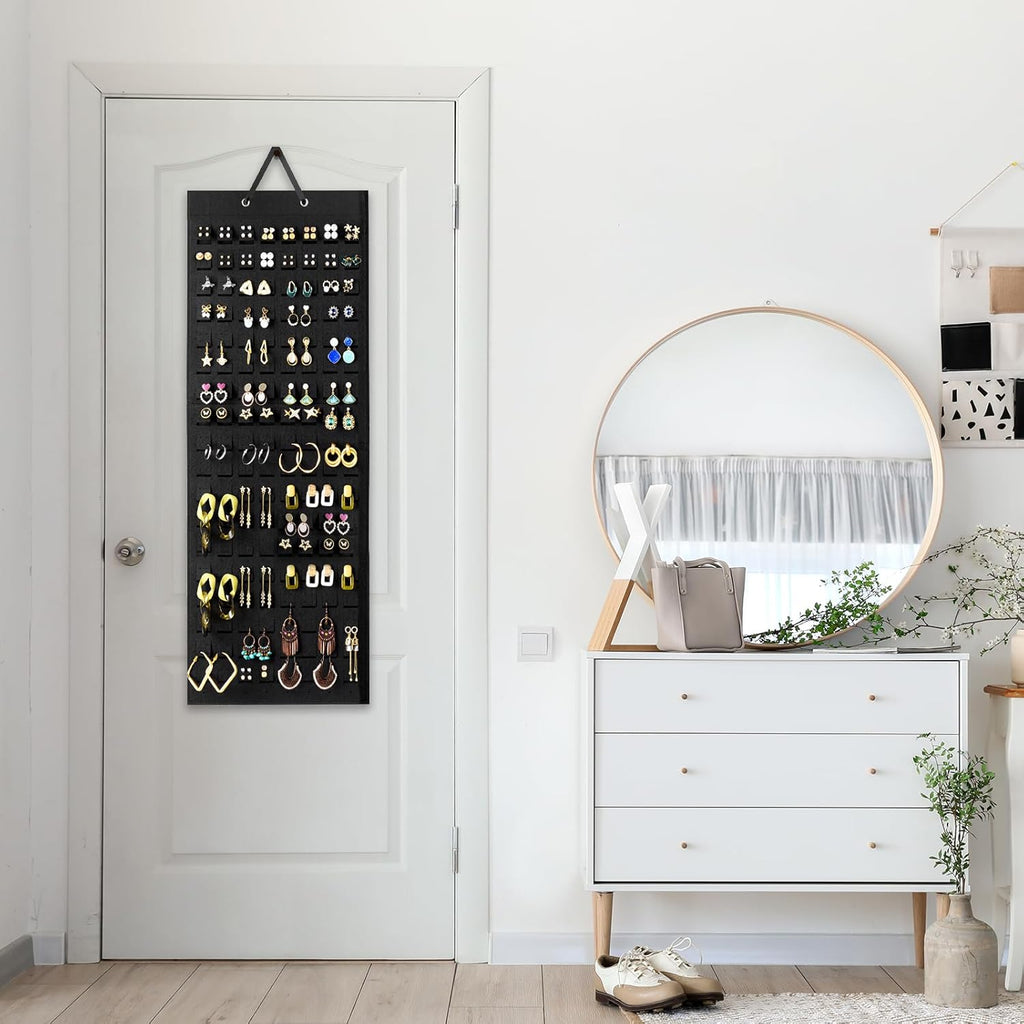Lolalet Hanging Earring Holder Organizer with 20 Hooks for Women, Earring Organizer Wall Earrings Hanger Pierced Earring Storage, Felt Stud Earring Display, 608 Holes for Earrings - Black, 1 Pack