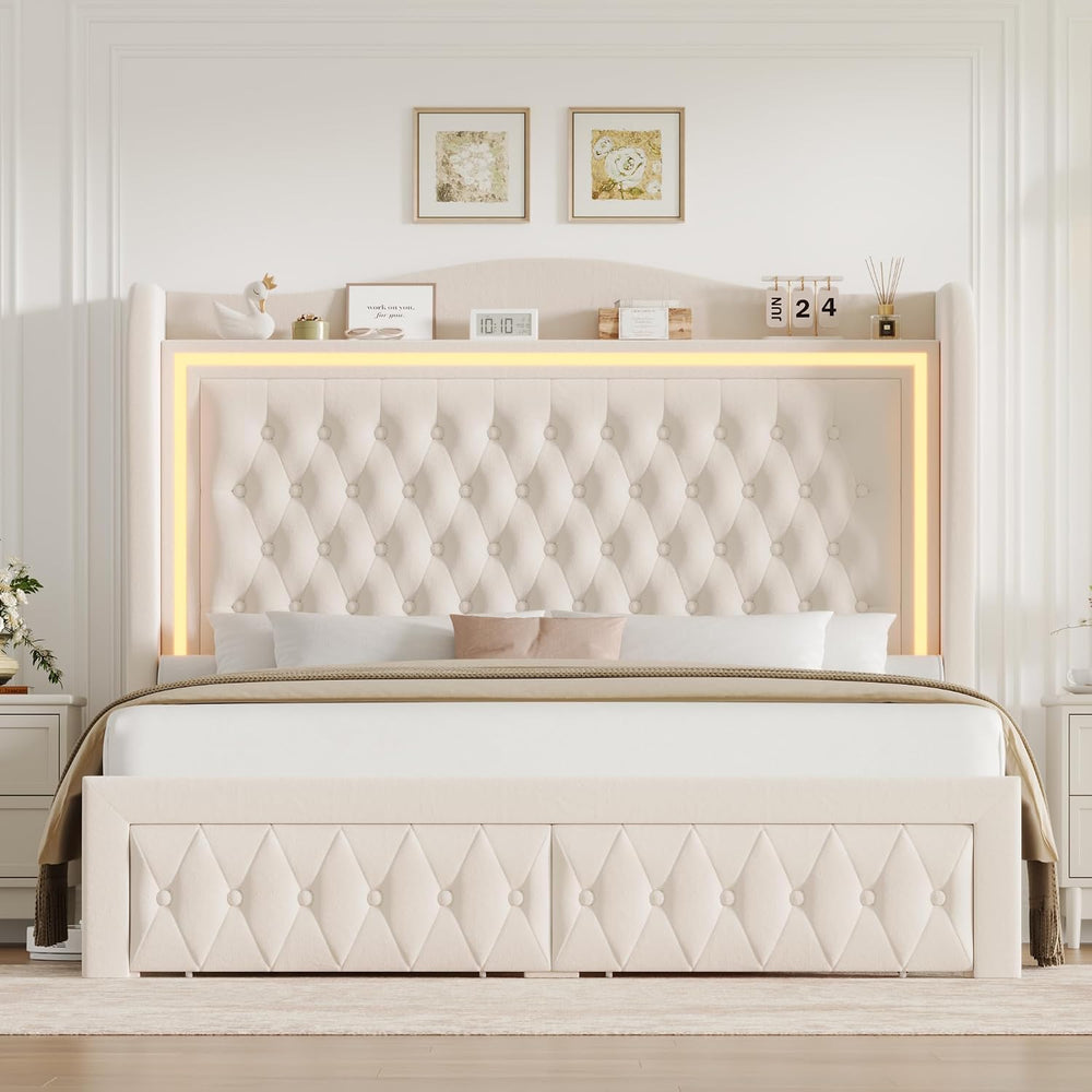 King Bed Frame 55" Tall Headboard with LED Lights, Buttons Tufted Velvet...