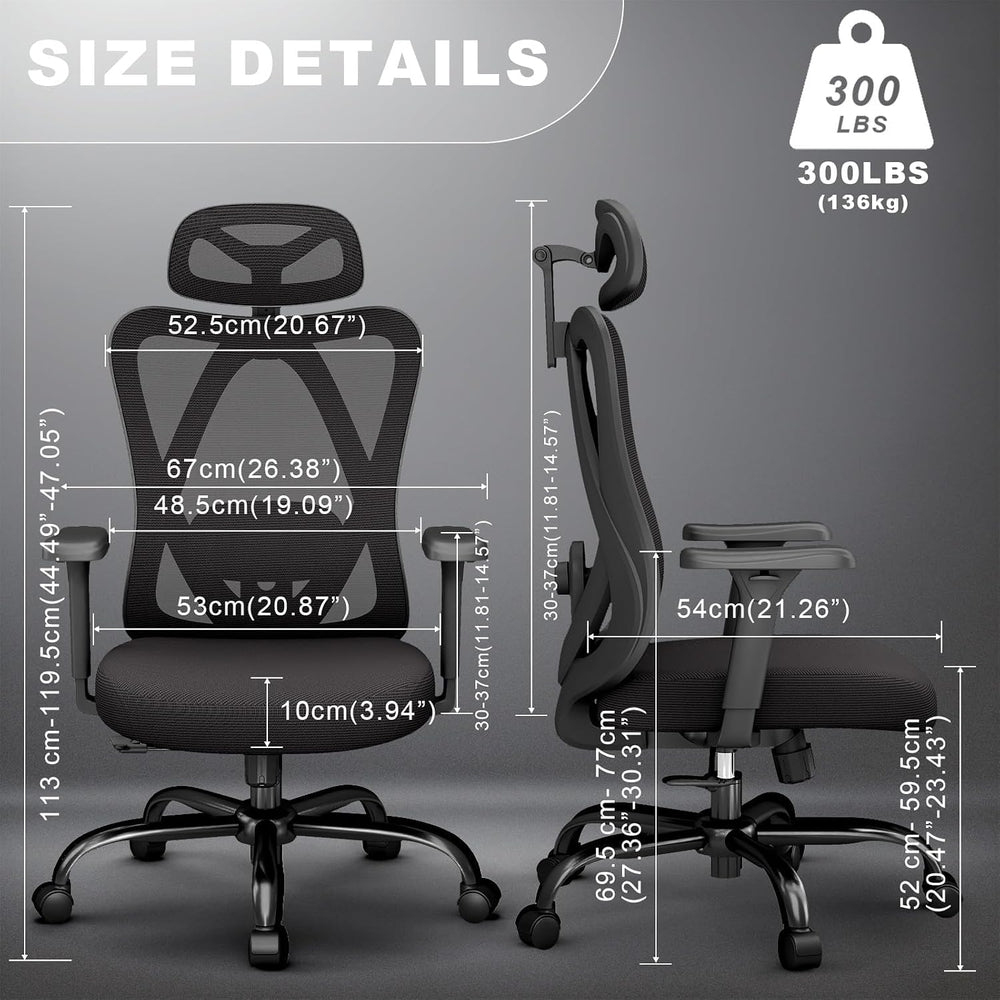 Mesh Office Chair with Headrest, Lumbar Support, 3D Arms, Wide Seat | 300 lbs...