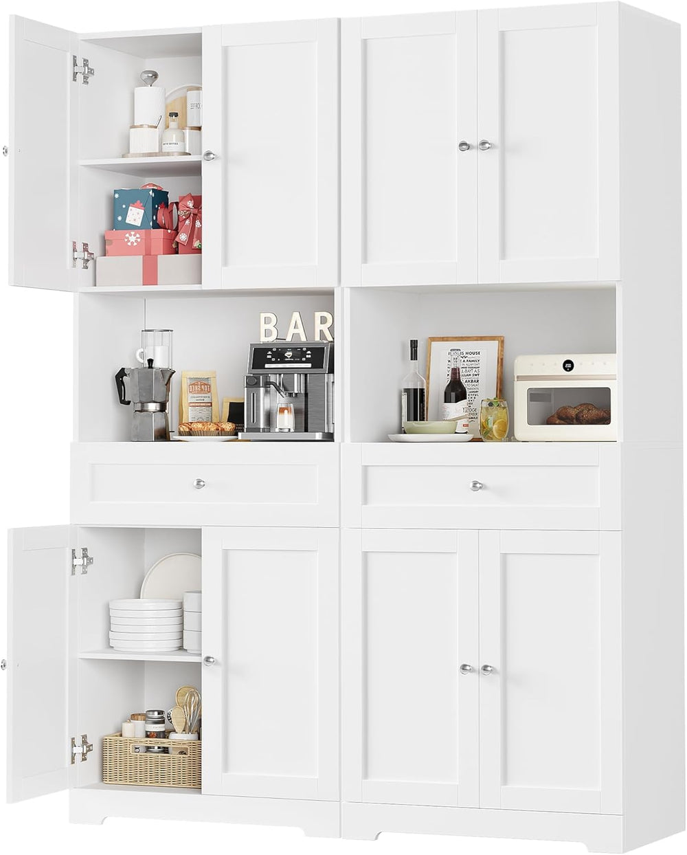 Set of 2 Tall Kitchen Pantry Storage Cabinet with Doors and Shelves, White | ...