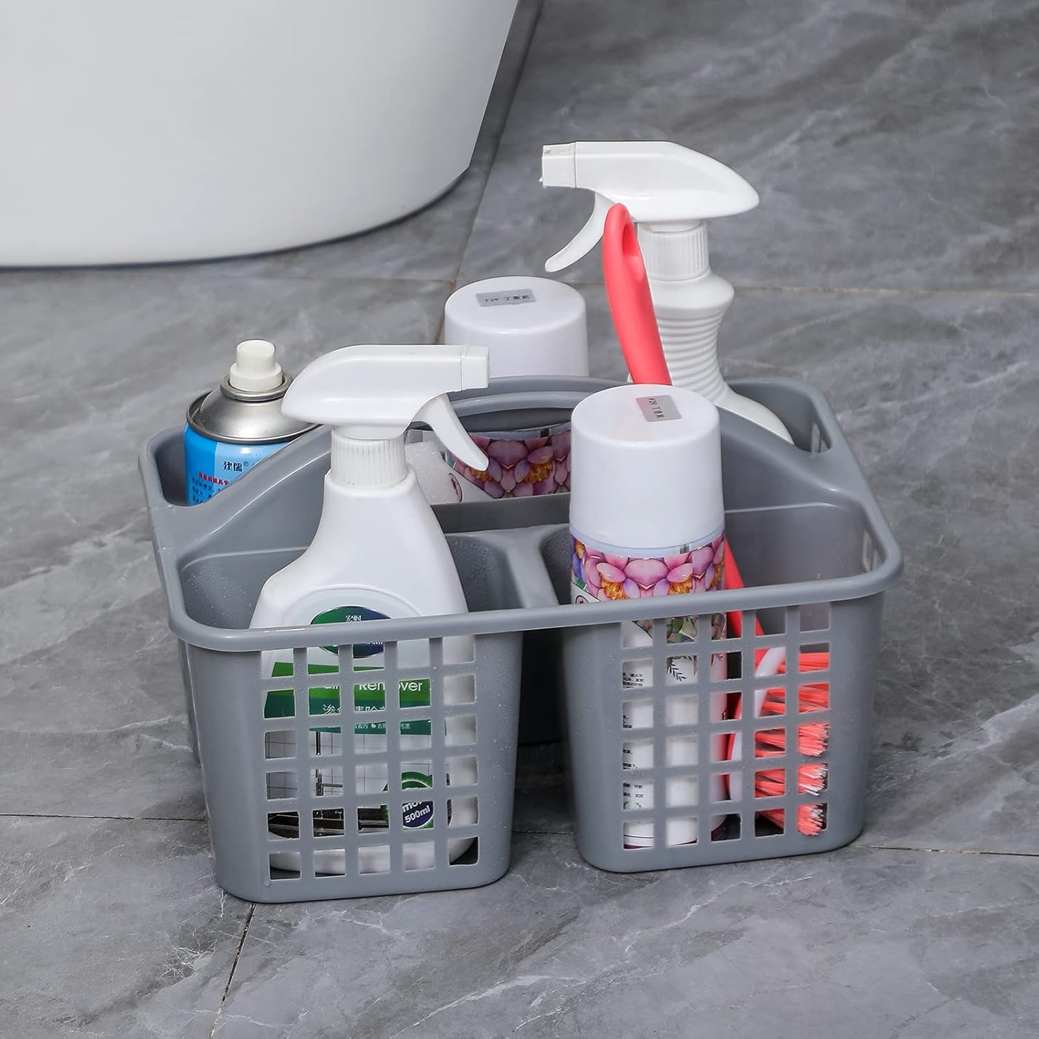 JiatuA Portable Shower Caddy Basket with Compartments Cleaning Supplies Organizer with Handle Plastic Storage Divided Tool Bin for Bathroom, Bedroom, Kitchen, College Dorm, Garden, Under Sink, Grey