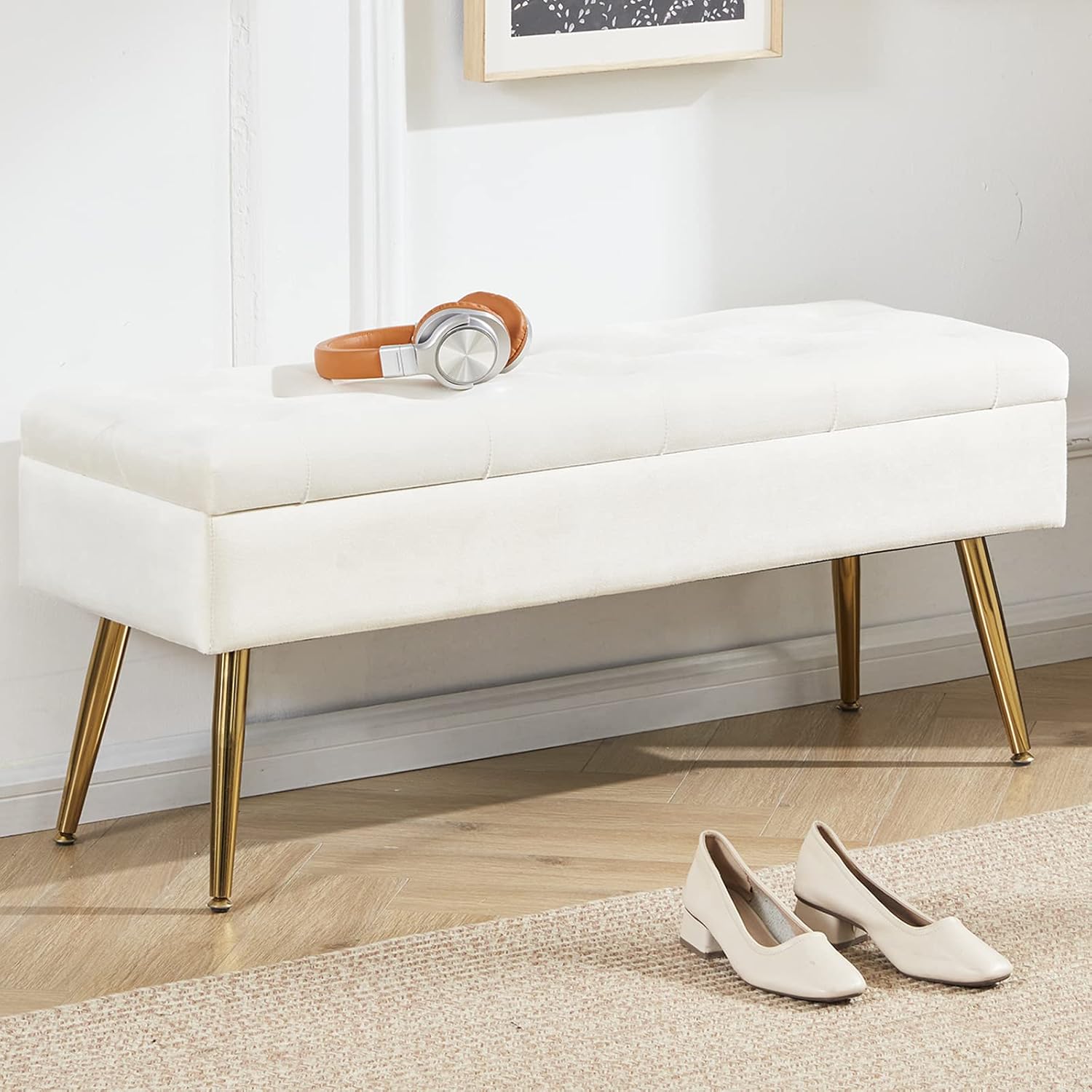 Gitrah Storage Bench Entryway Bench End of Bed Bench Ottoman Upholstered Velvet Bedroom Bench Tufted Bench with Golden Legs 40" Cream
