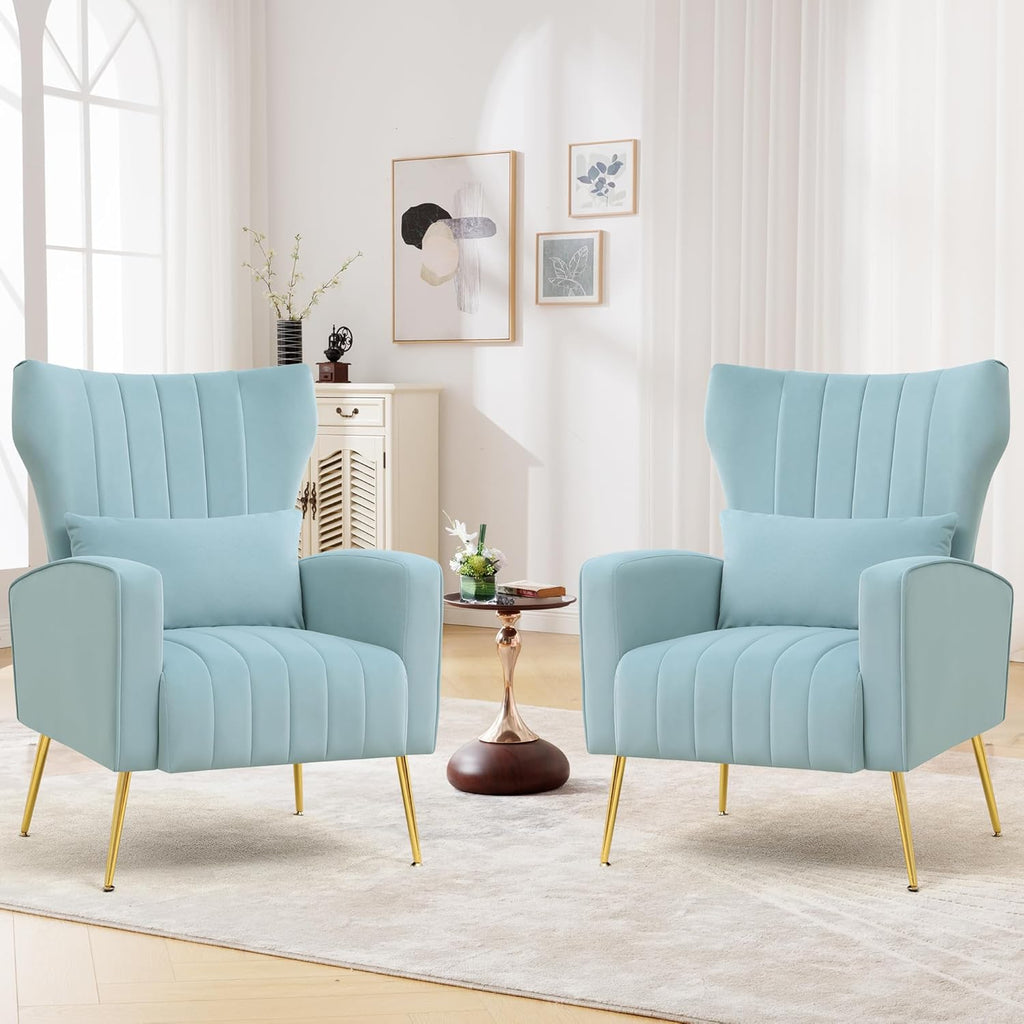 Modern Accent Chairs Set of 2 Upholstered Living Room Chairs,High Back Arm Chairs with Metal Legs Lumbar Reading Chair for Bedroom, Apartment, Small Spaces Sky Blue