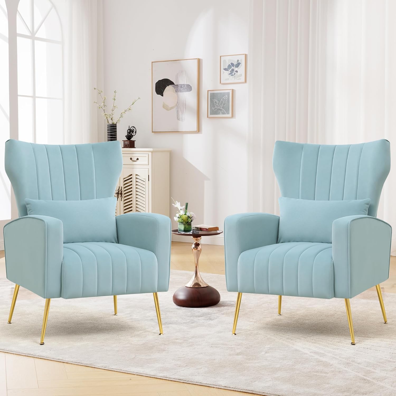 Modern Accent Chairs Set of 2 Upholstered Living Room Chairs,High Back Arm Chairs with Metal Legs Lumbar Reading Chair for Bedroom, Apartment, Small Spaces Sky Blue