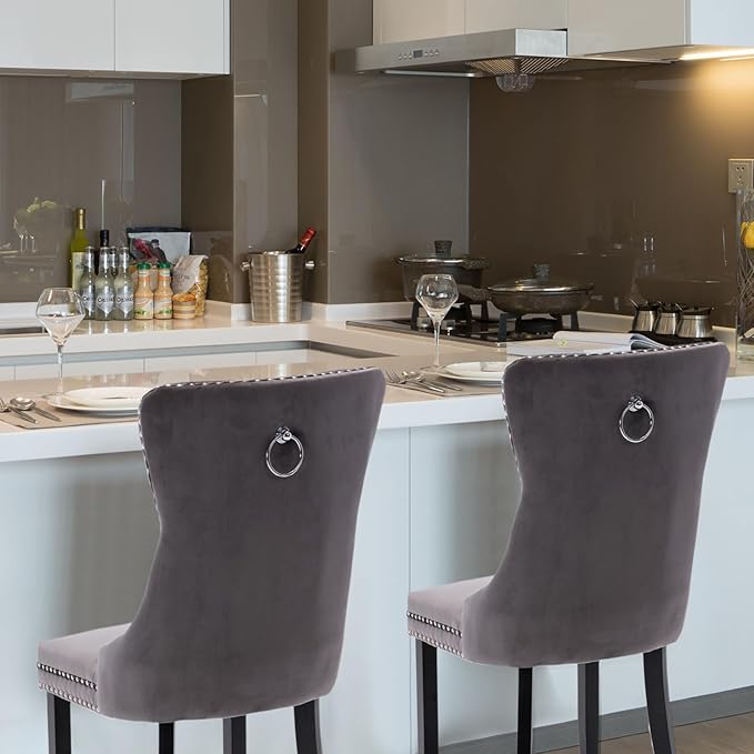 Velvet Upholstered Dining Chairs Set of 2, Modern Style Kitchen Side Chairs with Nailhead Trim and Wood Legs,Metal Pulling Ring for Dining Room Living Room(Grey,Set of 2)