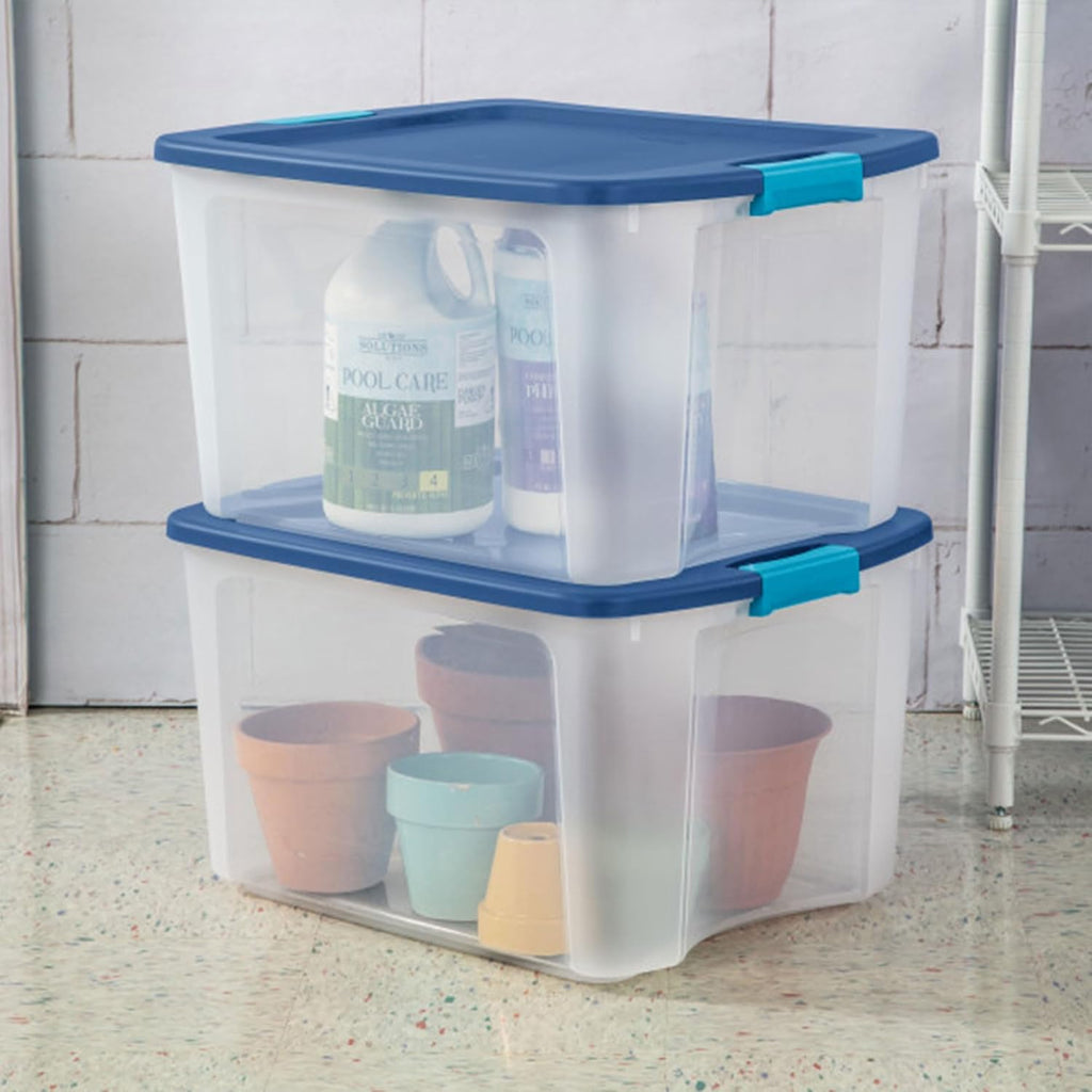 Sterilite 18 Gal Latch and Carry, Stackable Storage Bin with Latching Lid, Plastic Container to Organize Closets, Clear with Blue Lid, 18-Pack