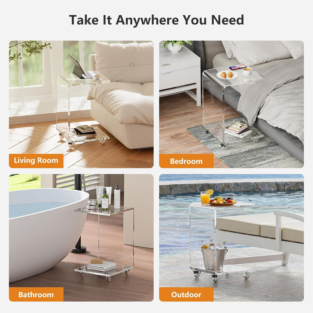 Acrylic Side Table with Wheels, Movable C Shaped Sofa Table with Storage, Rol...