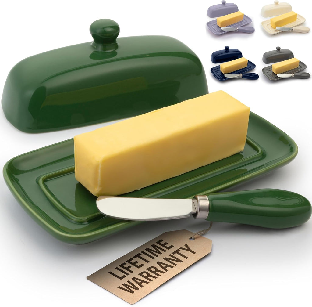 Zulay Butter Dish With Lid For Countertop - Porcelain White, Ceramic Butter Dish with Knob Handle Great for Cooking - Elegant Design Butter Holder - Durable & Sturdy Butter Keeper - Jade