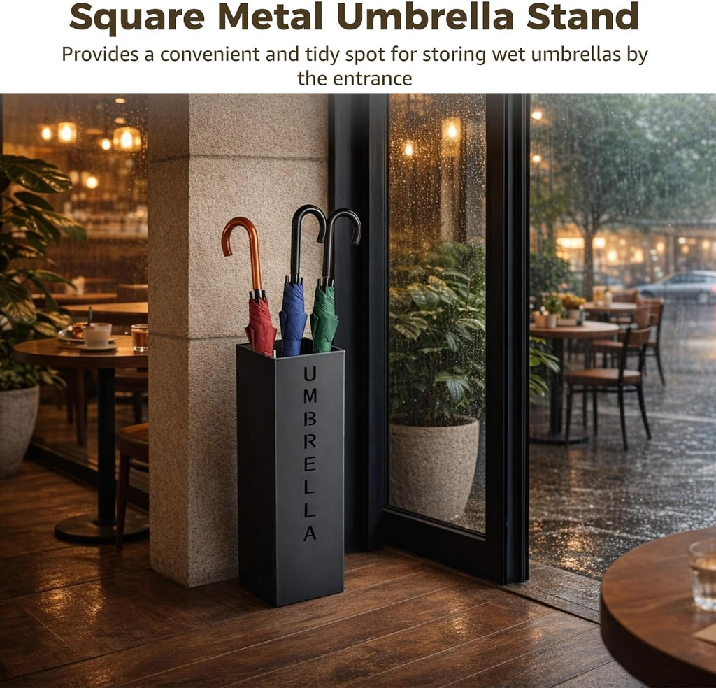 Square Metal Umbrella Holder Stand, Black Free Standing Umbrella Rack | Hollow Letter Pattern, Coated Steel, Open-Top Quick Drying, For Umbrellas, Walking Sticks, Entryway, Office And Hotel
