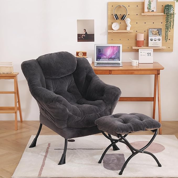 Welnow Lazy Chair with Ottoman, Modern Lounge Accent Chair with Armrests and a Side Pocket, Leisure Sofa Armchair, Reading Armchair with Footrest for Small Space, Plush Navy