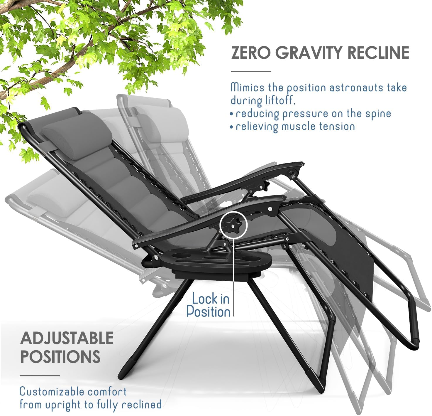 Nestl Padded Oversized Zero Gravity Chair, XL Folding Outdoor Lounge Chair | Adjustable Headrest, Cup Holder & Side Tray, Support 330 LBS, Anti Gravity Reclining, For Patio, Camping & Beach, Black/Grey