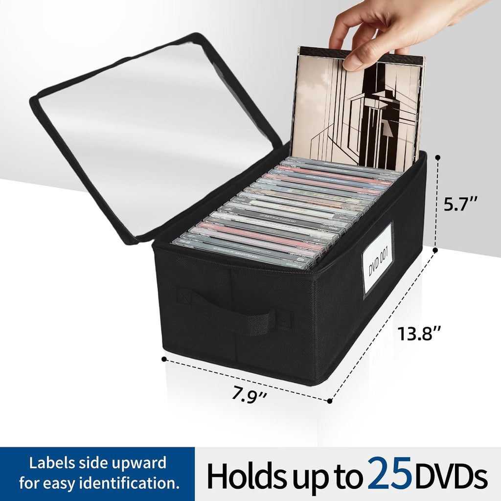 8 Pack Durable Fabric DVD Storage Box with Clear PVC Lid, Holds 25 Standard DVD Cases, Sturdy Non-Woven Fabric with Cardboard Support for Movie Collection, Black