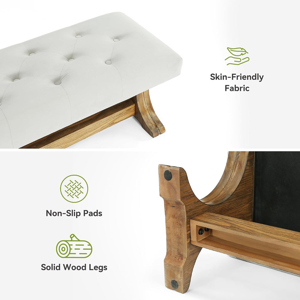 LITTLE TREE 55" Upholstered End of Bed Bench, Solid Wood Tufted Entryway...