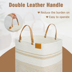 danpinera 100L Nursery Hamper, Tall Woven Laundry Basket with Long Leather Handles, Boho Laundry Hamper for Living Room & Bedroom, Eco-friendly & Convenient Decorative Storage Basket White & Jute