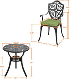 NUU GARDEN 3 Piece Outdoor Bistro Set Cast Aluminum Patio Set Bistro Table Set Rustproof Patio Table and Chairs with Umbrella Hole and Green Cushions for Backyard, Balcony, Porch, Black