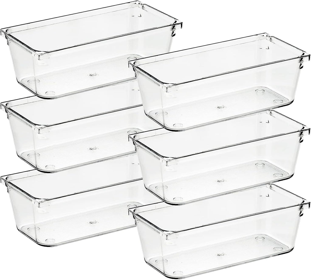 Ravinte 6 Pack Drawer Organizer - 3" X 6" Plastic Storage Bins, Acrylic Organizers with Non-Slip Pads Clear Desk Storage Tray for Makeup, Jewelries, Kitchen Utensils, Bathroom and Office