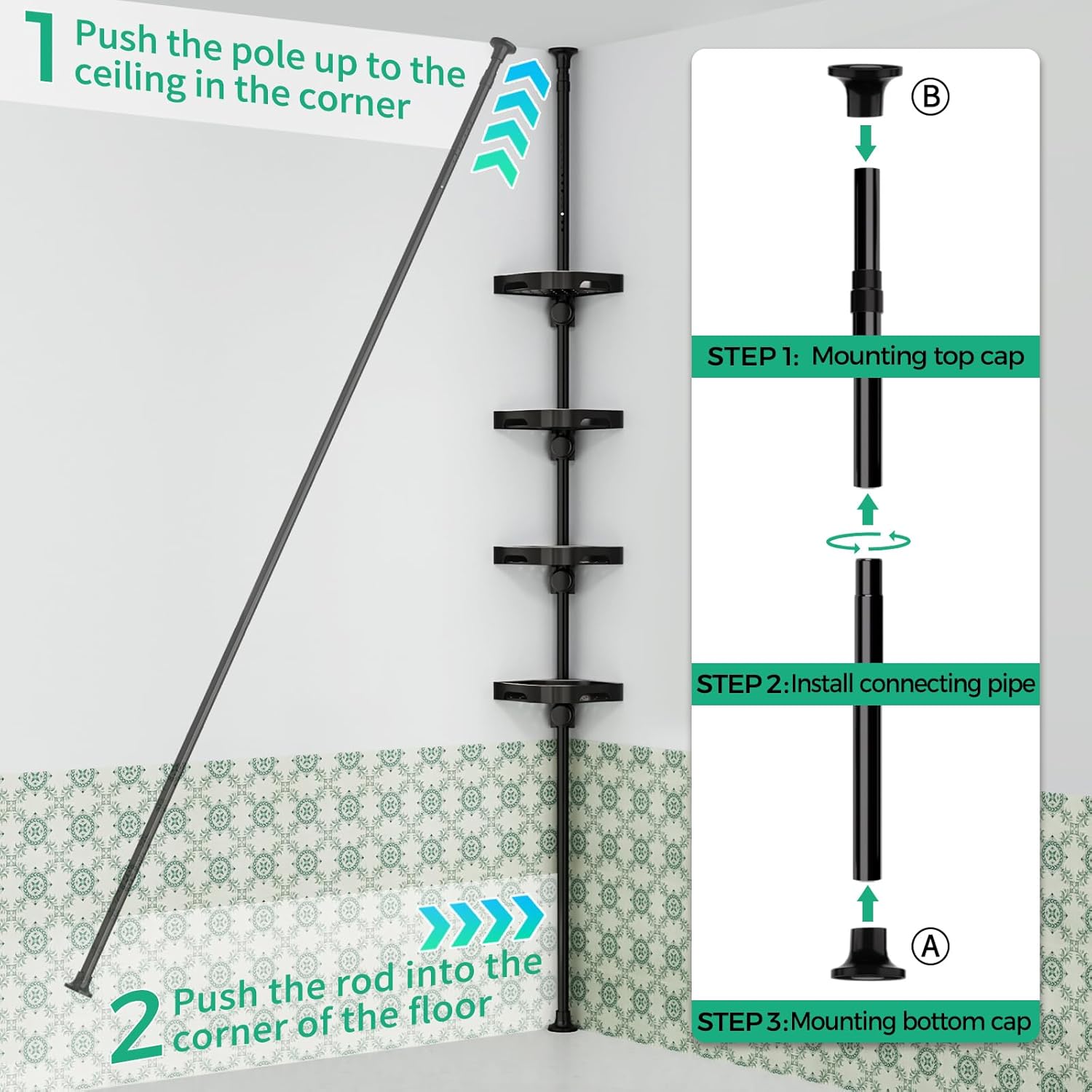 4-Tier Corner Shower Caddy Tension Pole Organizer - Adjustable Rustproof Metal Tension Pole, Plastic Shelves with Safety Guardrail, Bathroom Storage for Shower & Bathtub(Black)