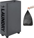 DOKEHOM 29-Inches Enlarged Slim Laundry Basket with Removable Wash Bag on Wheels, Collapsible Rolling Laundry Hamper, Foldable Narrow Corner Clothes Storage Bins (Dark Grey)
