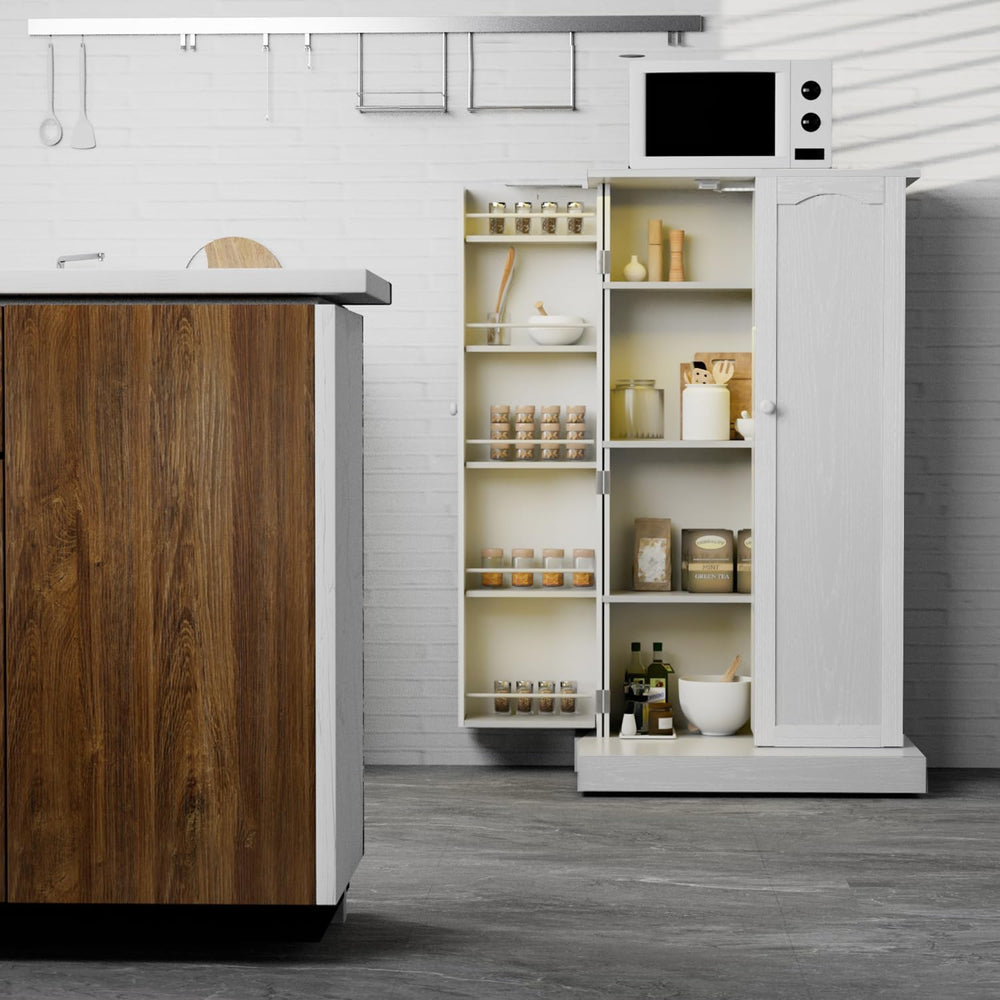 FJTJBSI 50" LED Kitchen Pantry Cabinet White Storage Cabinet Food Pantry...