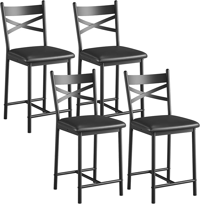 GarveeHome Bar Stools Set of 4, Counter Height Bar Chairs with Back and Thick Cushion, Upholstered Dining Chairs with Padded Seat, Barstools for Kitchen Island, Bar, Dining Room, Modern Black