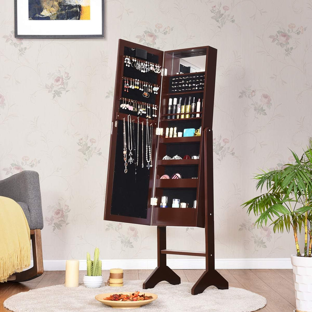 Giantex Standing Jewelry Armoire with 18 LED Lights Around the Door, Large Storage Mirrored Jewelry Cabinet with Full Length Mirror, 16 Lipstick Holders, 1 Inside Makeup Mirror (Brown)