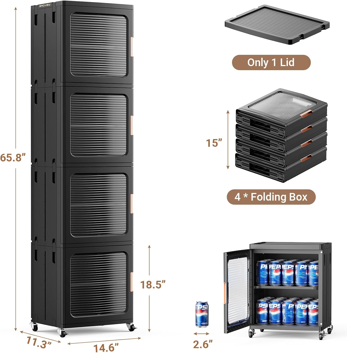 BROVIEW 4-Tier Tall Narrow Storage Cabinet 14.6” Wide, Slim Bathroom Cabinets with Adjustable Shelves and Doors, Plastic Kitchen Pantry Organizers and Storages for Small Space, Laundry, Black
