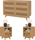 3 Piece Bedroom Set, Dresser and Nightstand Sets, Fluted 6 Drawer Dresser and Nightstand Set of 2, Wood Wide Chest of Drawers Storage Organizer Cabinet Set, Natural Oak