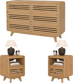 3 Piece Bedroom Set, Dresser and Nightstand Sets, Fluted 6 Drawer Dresser and Nightstand Set of 2, Wood Wide Chest of Drawers Storage Organizer Cabinet Set, Natural Oak