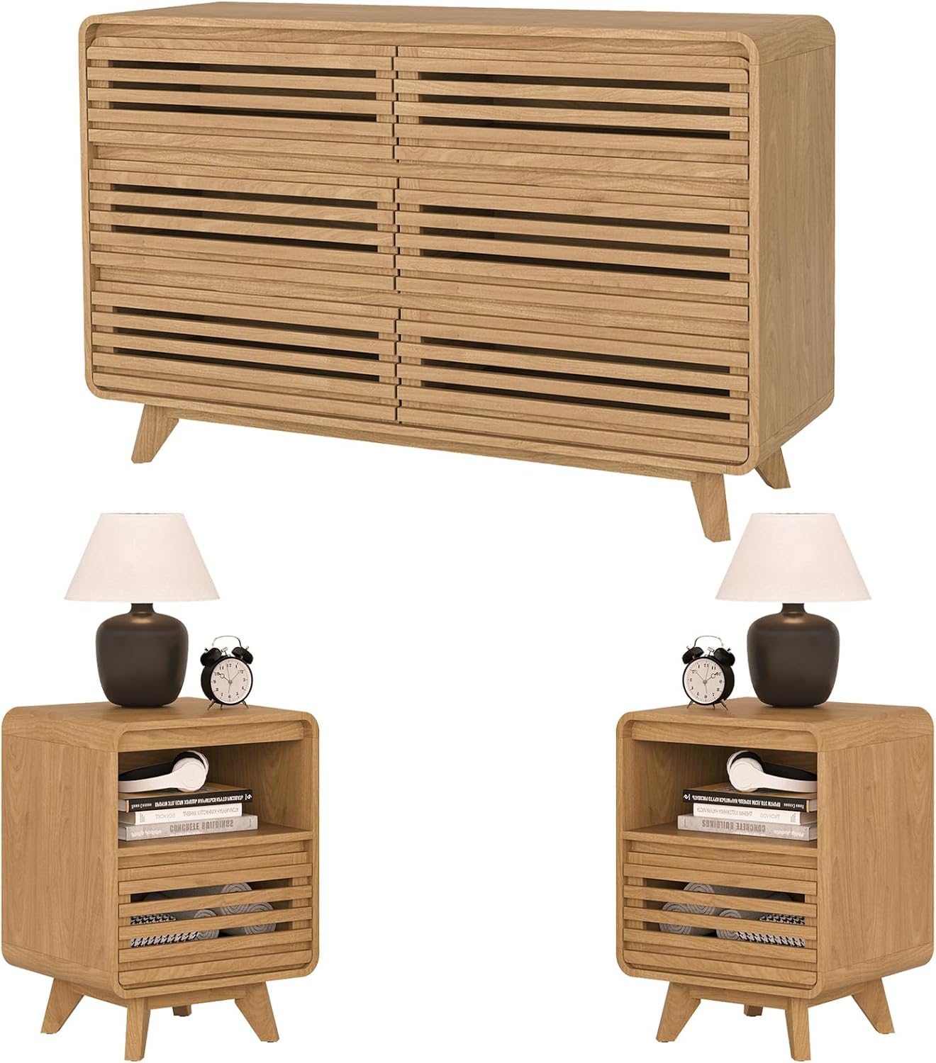 3 Piece Bedroom Set, Dresser and Nightstand Sets, Fluted 6 Drawer Dresser and Nightstand Set of 2, Wood Wide Chest of Drawers Storage Organizer Cabinet Set, Natural Oak